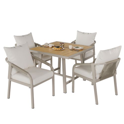 Ensemble Repas Jardin 4 Pers - 4 Fauteuils Corde et Table Effet Bois - Khaki/beige