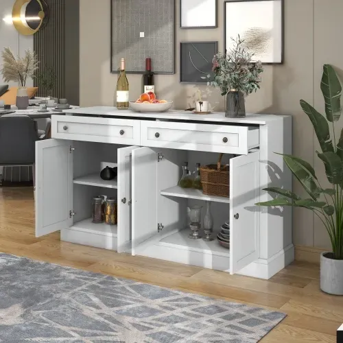 Grand Buffet Blanc Vieilli Avec 4 Portes Et 2 Tiroirs 150 Cm