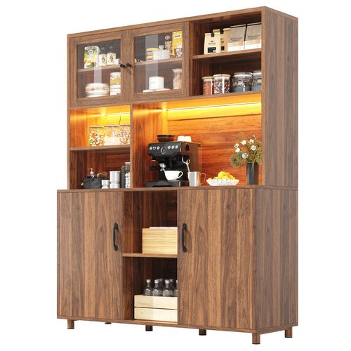 Buffet Haut Noyer Avec Vitrine, LED Et Rangement Snack 140 Cm