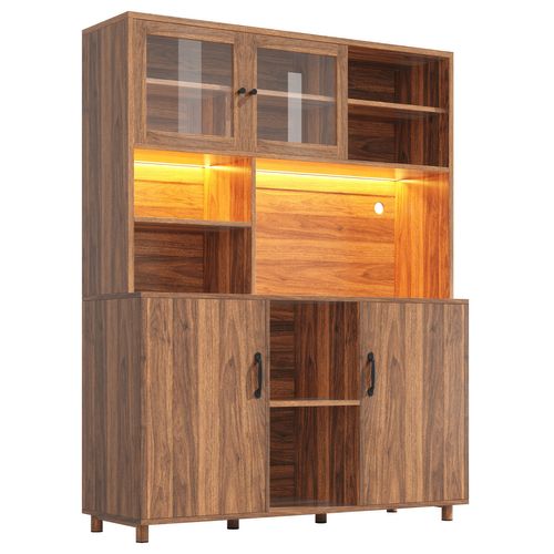 Buffet Haut Noyer Avec Vitrine, LED Et Rangement Snack 140 Cm
