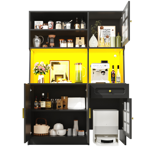 Buffet De Cuisine Noir Avec LED Et Portes Vitrées 130 Cm