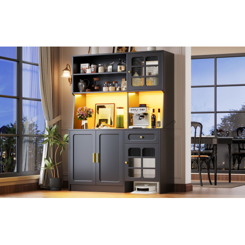 Buffet De Cuisine Noir Avec LED Et Portes Vitrées 130 Cm