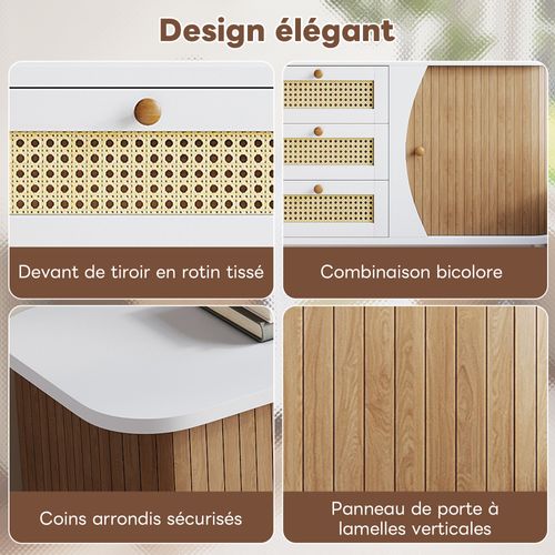 Buffet Blanc 3 Tiroirs Rotin 2 Portes Coulissantes Cannage Naturel 140,5x40x76cm