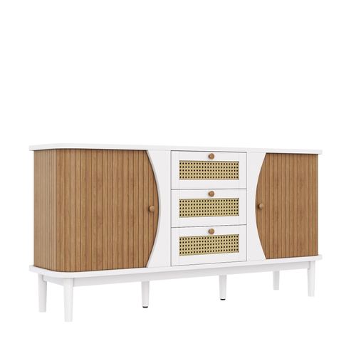 Buffet Blanc 3 Tiroirs Rotin 2 Portes Coulissantes Cannage Naturel 140,5x40x76cm