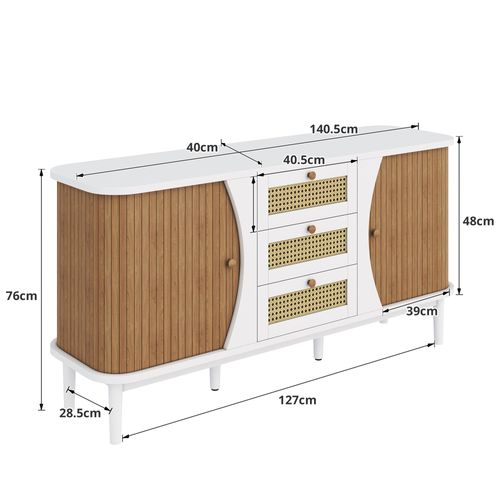 Buffet Blanc 3 Tiroirs Rotin 2 Portes Coulissantes Cannage Naturel 140,5x40x76cm