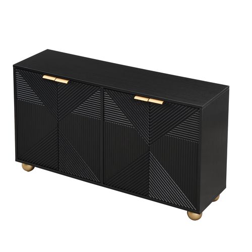 Buffet Noir Art Déco 4 Portes Sculptées Pieds Boule, Poignées Dorés 120x35x71,5cm