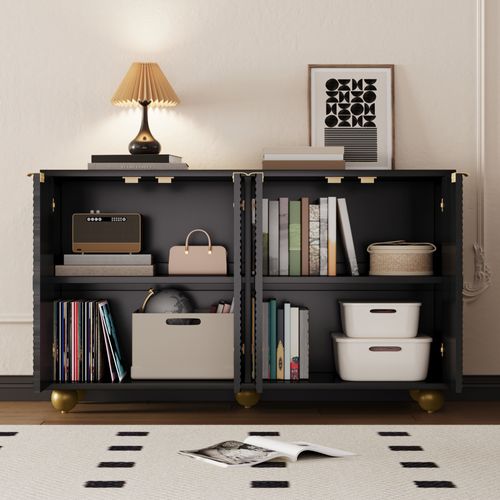Buffet Noir Art Déco 4 Portes Sculptées Pieds Boule, Poignées Dorés 120x35x71,5cm