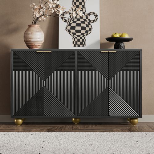 Buffet Noir Art Déco 4 Portes Sculptées Pieds Boule, Poignées Dorés 120x35x71,5cm