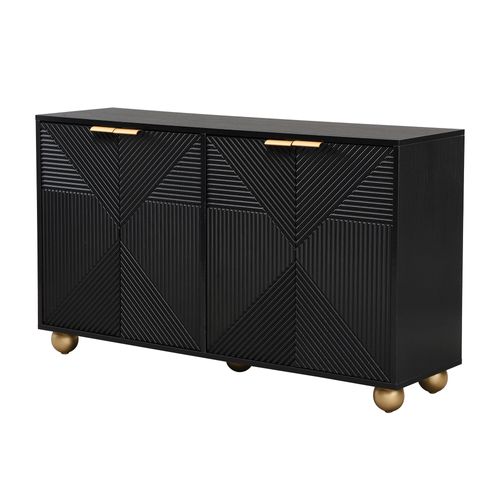 Buffet Noir Art Déco 4 Portes Sculptées Pieds Boule, Poignées Dorés 120x35x71,5cm
