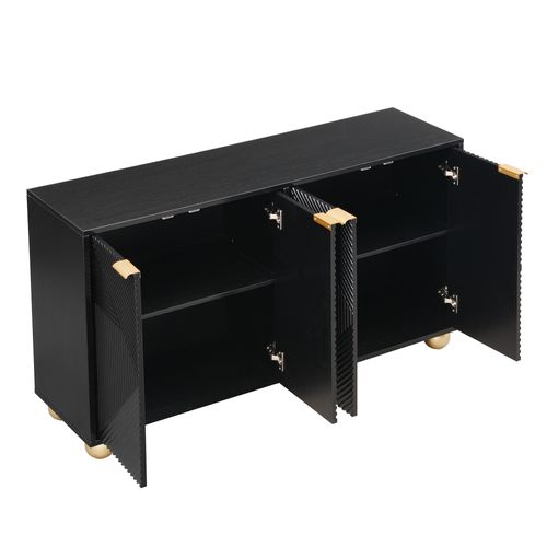Buffet Noir Art Déco 4 Portes Sculptées Pieds Boule, Poignées Dorés 120x35x71,5cm