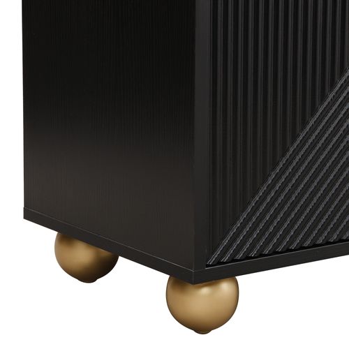 Buffet Noir Art Déco 4 Portes Sculptées Pieds Boule, Poignées Dorés 120x35x71,5cm