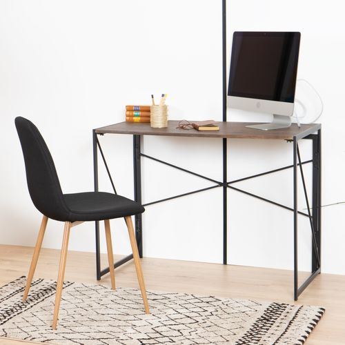 Bureau Pliant Industriel Repliable Métal Bois Foncé Noyer Pied Noir 100*50*75cm