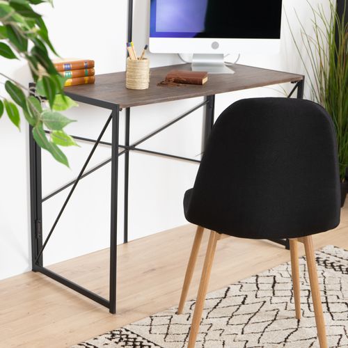 Bureau Pliant Industriel Repliable Métal Bois Foncé Noyer Pied Noir 100*50*75cm