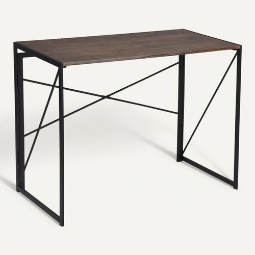 Bureau Pliant Industriel Repliable Métal Bois Foncé Noyer Pied Noir 100*50*75cm