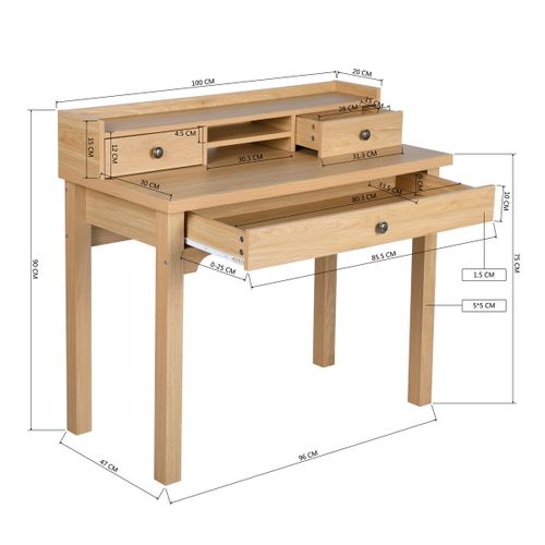 Bureau Scandinave Bois Nature Rangement Tiroirs Strcture En Bois  100*50*75.5-90.5cm
