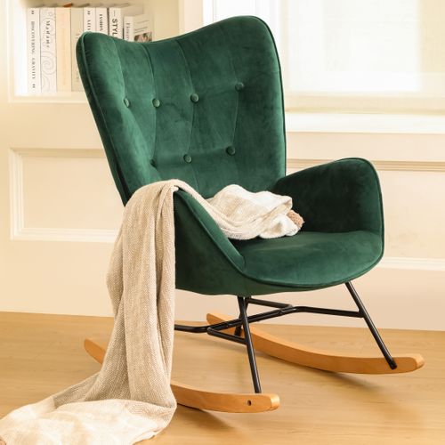 Fauteuil à Bascule Scandinave Velours Vert Pieds En Bois Clair