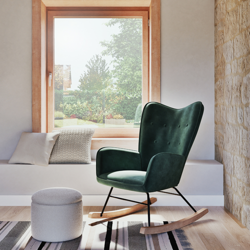 Fauteuil à Bascule Scandinave Velours Vert Pieds En Bois Clair