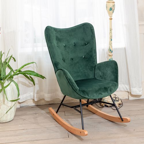 Fauteuil à Bascule Scandinave Velours Vert Pieds En Bois Clair