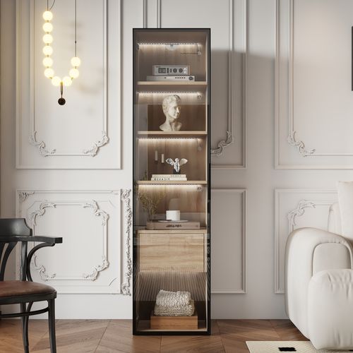 Vitrine Haute Effet Bois Clair 1 Grands Tiroirs 1 Portes, Avec LED ...