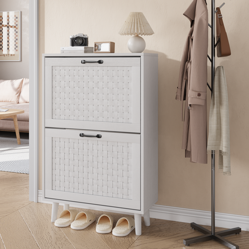Meuble à Chaussures étroit Avec 2 Tiroirs Rabattables - Design Bohème Cannage - 80x24x115 Cm, Capacité 20 Paires - Pour Entrée, Couloir - 3