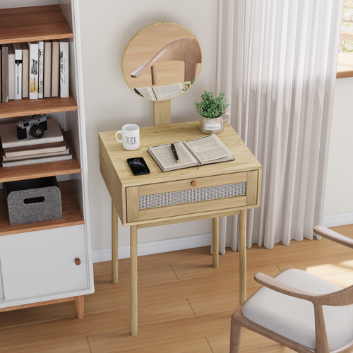 Coiffeuse Bohème Tiroir En Rotin Avec Miroir (sans Tabouret)
