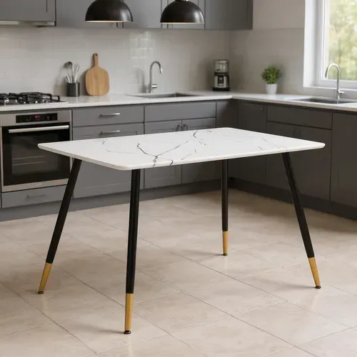 Table De Salle À Manger Rectangulaire Imitation Marbre Pieds Noir Et Doré 110x70