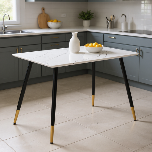 Table De Salle À Manger Rectangulaire Imitation Marbre Pieds Noir Et Doré 110x70