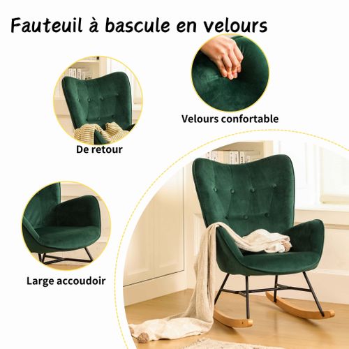 Fauteuil à Bascule Scandinave Velours Vert Pieds En Bois Foncé