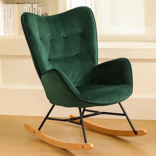 Fauteuil à Bascule Scandinave Velours Vert Pieds En Bois Foncé