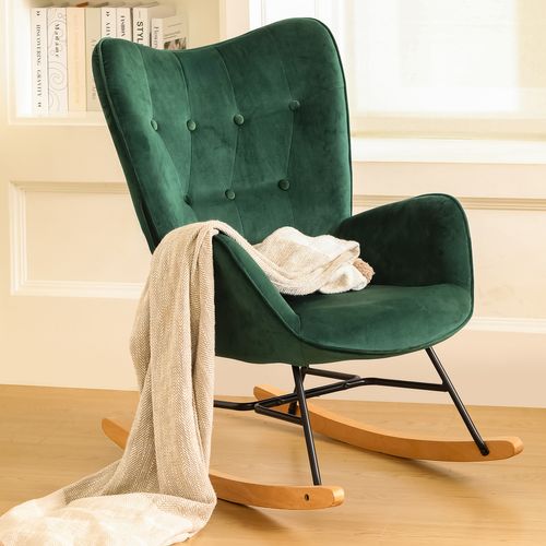 Fauteuil à Bascule Scandinave Velours Vert Pieds En Bois Foncé