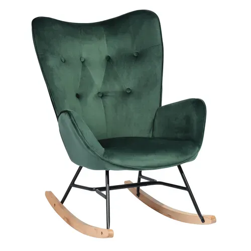 Fauteuil à Bascule Scandinave Velours Vert Pieds En Bois Foncé