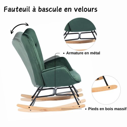 Fauteuil à Bascule Scandinave Velours Vert Pieds En Bois Foncé