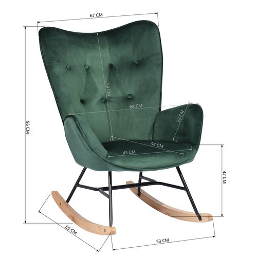 Fauteuil à Bascule Scandinave Velours Vert Pieds En Bois Foncé