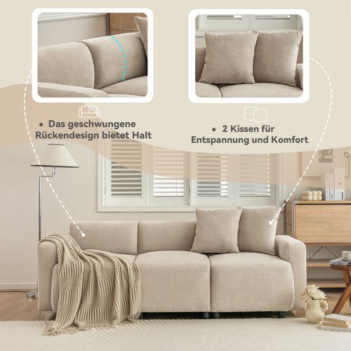 Canapé Moderne Rembourrés Tissu Chenille Beige 3 Places Avec Coussins