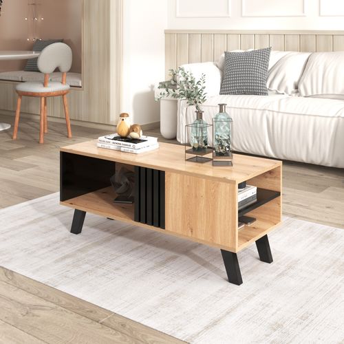 Table Basse Rectangulaire Industriel Effet Bois Et Noir 100x60x53cm