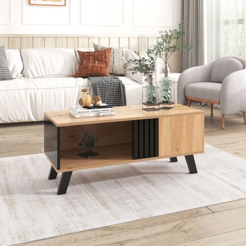 Table Basse Rectangulaire Industriel Effet Bois Et Noir 100x60x53cm