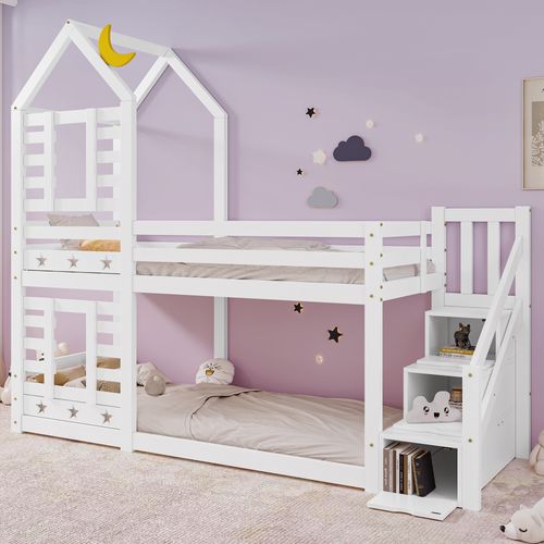 Lit Superposé Lit Enfant Bois Blanc Escalier Avec Rangement 90x200cm