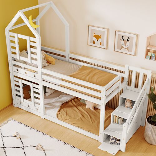 Lit Superposé Lit Enfant Bois Blanc Escalier Avec Rangement 90x200cm