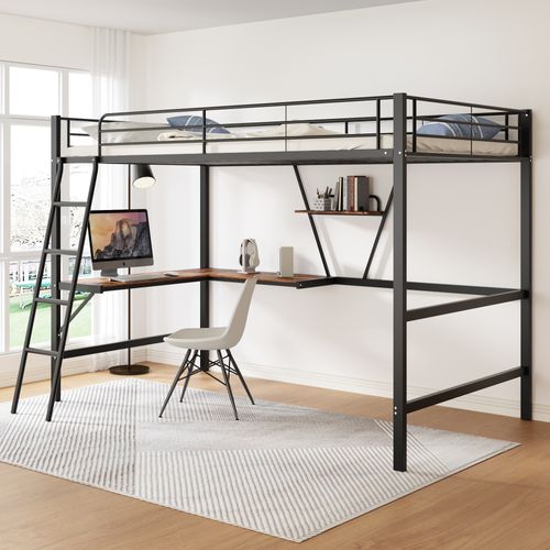 Lit Mezzanine Métallique Noir Avec Bureau En L Et Étagère 90x200cm