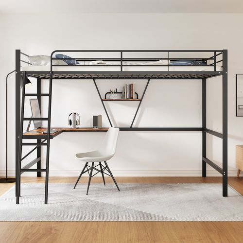 Lit Mezzanine Métallique Noir Avec Bureau En L Et Étagère 90x200cm