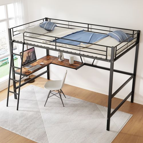Lit Mezzanine Métallique Noir Avec Bureau En L Et Étagère 90x200cm