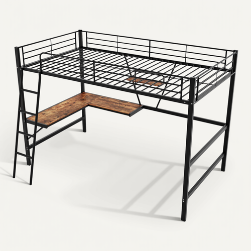 Lit Mezzanine Métallique Noir Avec Bureau En L Et Étagère 90x200cm