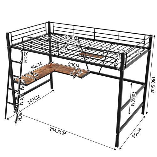 Lit Mezzanine Métallique Noir Avec Bureau En L Et Étagère 90x200cm