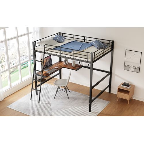 Lit Mezzanine Métallique Noir Avec Bureau En L Et Étagère 90x200cm