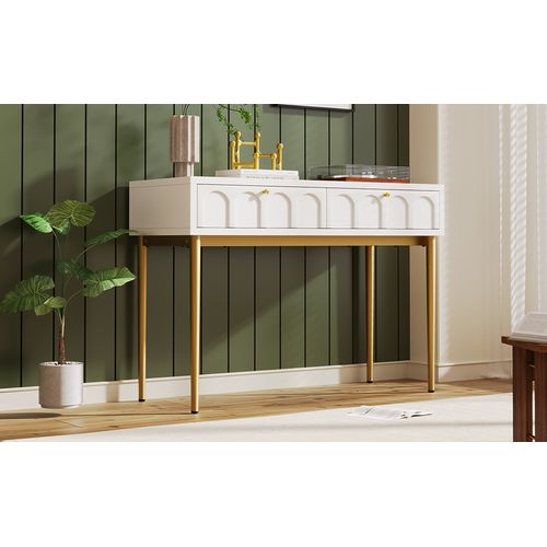 Coiffeuse Avec 2 Tiroirs Blanc Structure Et Poignée Dorée 100x45cm