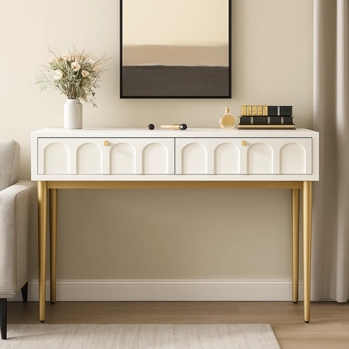 Coiffeuse Avec 2 Tiroirs Blanc Structure Et Poignée Dorée 100x45cm