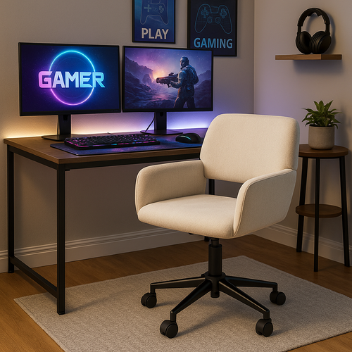 Chaise De Bureau Ergonomique Réglable, Design Moderne Avec Roulettes, Tissu Confortable Beige