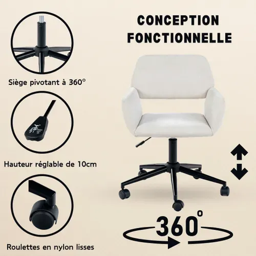 Chaise De Bureau Ergonomique Réglable, Design Moderne Avec Roulettes, Tissu Confortable Beige