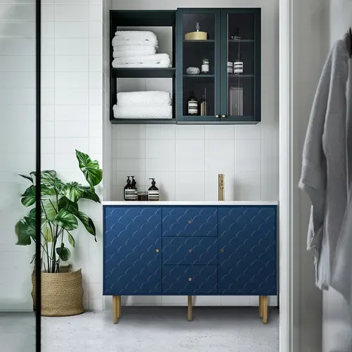 Meuble De Salle De Bain Bleu Marine Avec Motif Écailles Et Pieds Dorés Étagère Réglable