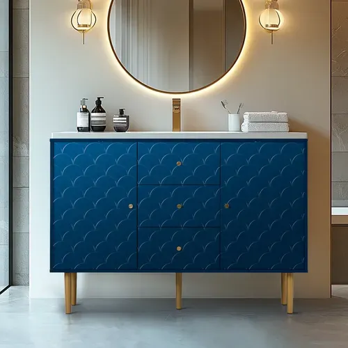 Meuble De Salle De Bain Bleu Marine Avec Motif Écailles Et Pieds Dorés Étagère Réglable